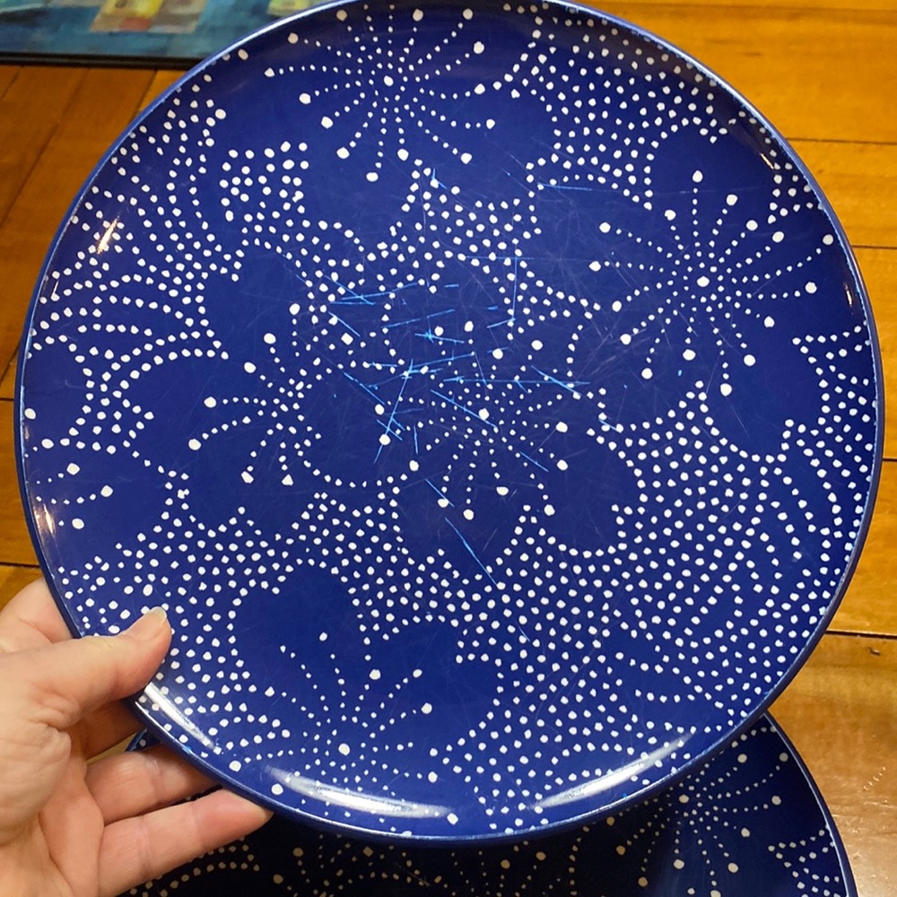 Set of 10 Melamine Blue w White Dinner Plates, 10.5”